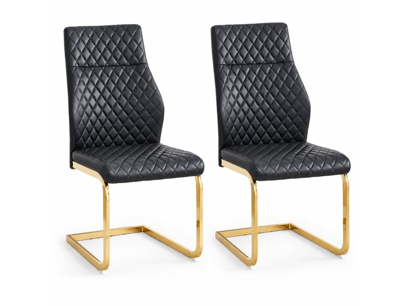 Chaises de salle à manger lot de 2 à dossier haut capitonné  - pieds antidérapants métal doré, simili cuir noir  - Conforama A