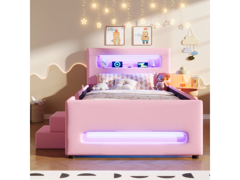  Lit simple rembourré 90x200 cm coloris rose led pu lit enfant rose - Conforama D