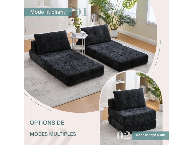  Chauffeuse convertible pliante en tissu chenille noir avec coussins W3056P316756 - Conforama D