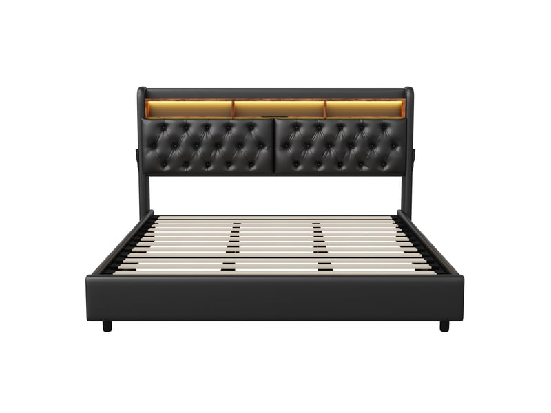  Lit double coffre - 180 x 200 cm - noir - similicuir pu, tête de lit de rangement, éclairage led, prises et vérins hydrauliques  - Conforama D