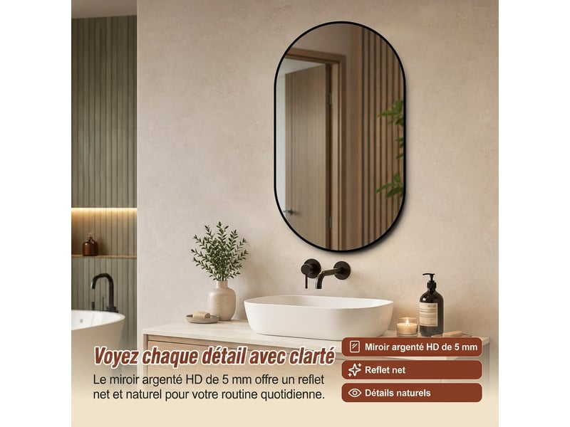  Miroir arqué mural avec cadre noir, 60 x 90 cm  - Conforama D