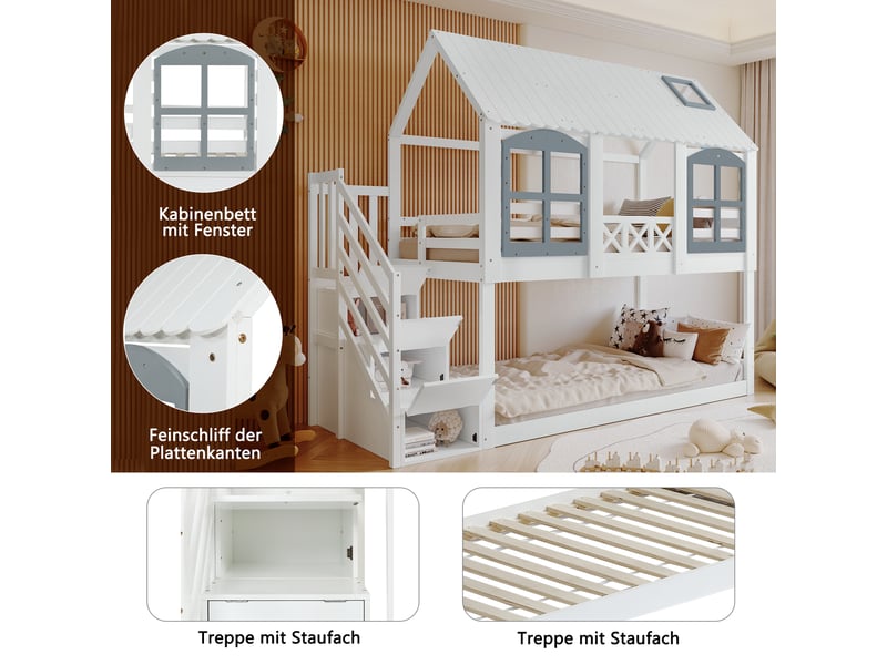  Lit superposé blanc et gris 90x200 cm en pin et mdf, escalier avec 3 rangements fermés, toit, fenêtres et barrières  - Conforama D