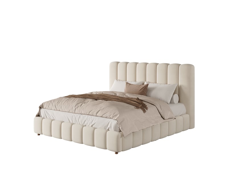 Lit double 200x200 cm rembourré en velours beige, tête de lit à rayures verticales, sommier inclus, pieds en bois massif - design moderne - Conforama A
