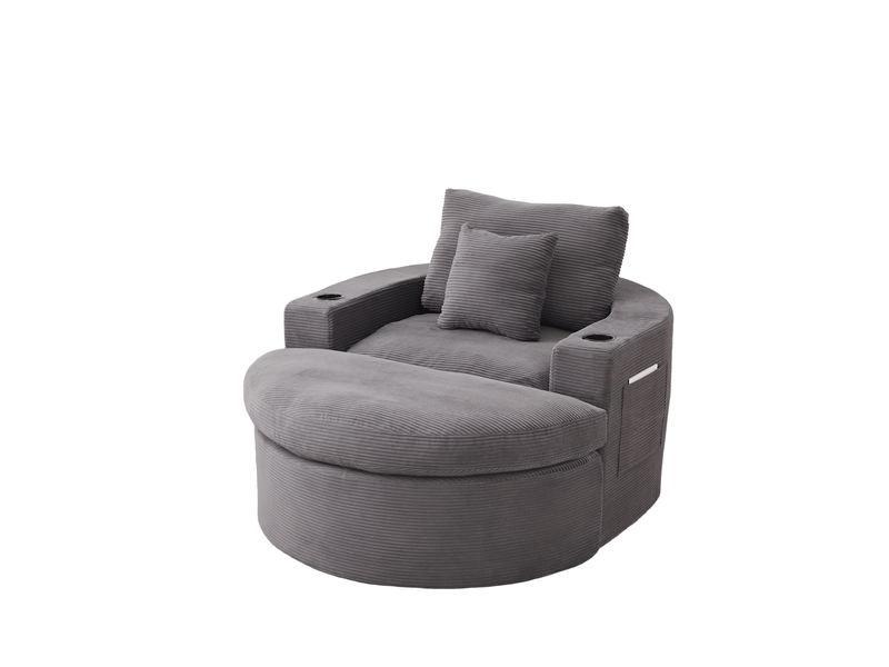  Fauteuil relax rond avec repose-pieds, rangement et porte-gobelet, gris  - Conforama R