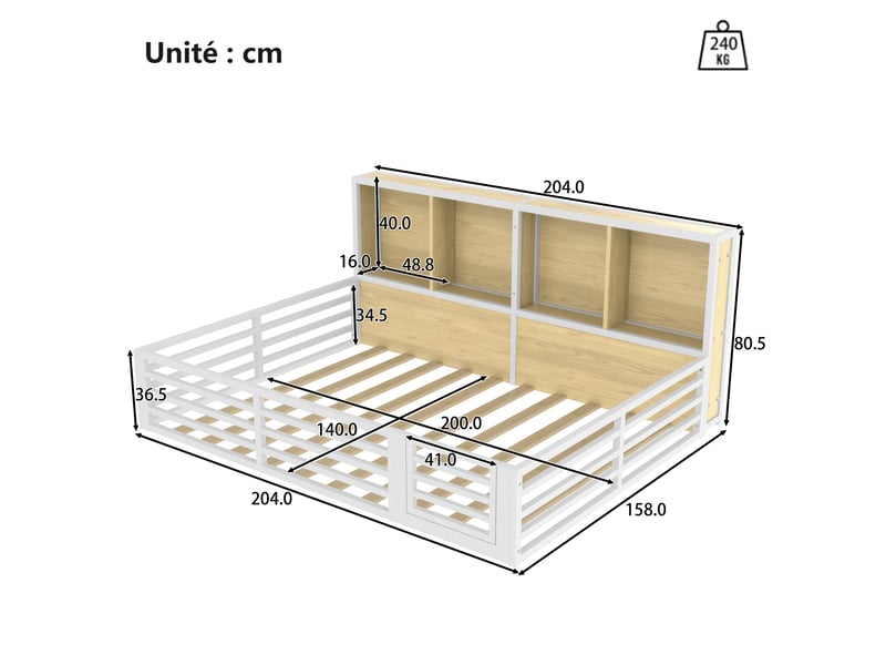  Lit bébé 140x200 cm - lit avec rangement latéral et led - métal et mdf - sans matelas - blanc  - Conforama C