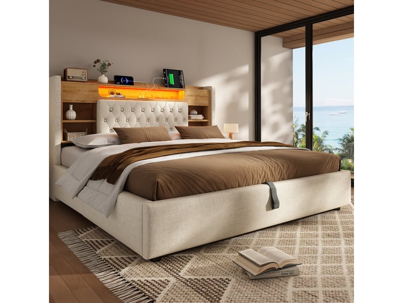 Cadre de lit 180x200 cm en lin avec coffre hydraulique, led et ports usbusb-c beige chicfurn - Conforama C