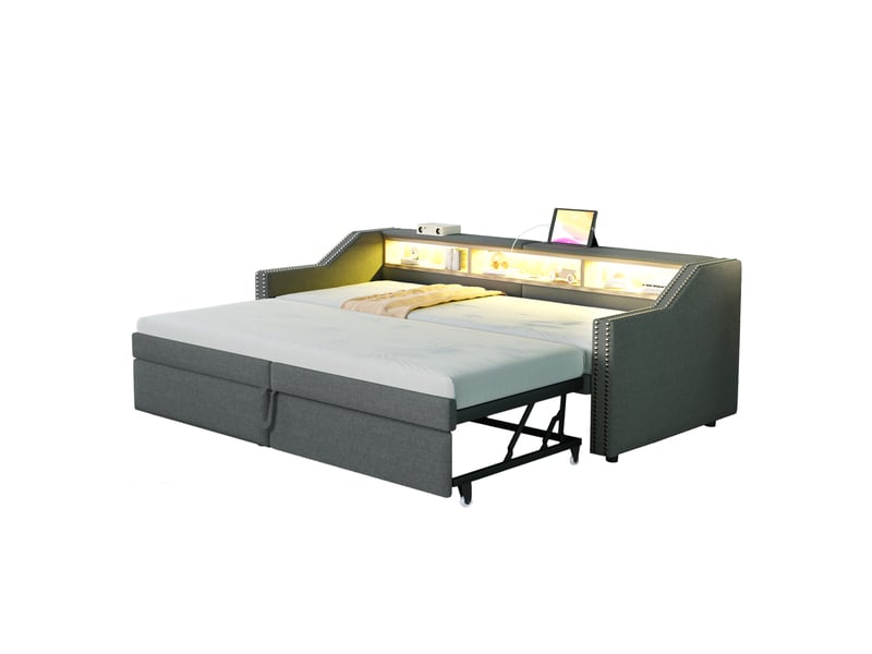  Lit banquette 90180 x 200 cm – gris foncé – led, usb, rangements et 2 matelas à ressorts inclus h3  - Conforama A
