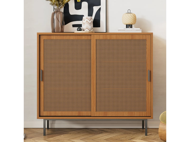  Buffet avec 2 portes coulissantes en rotin et 3 étagères, en panneaux de particules, coloris noyer, 100 × 37 × 90 cm  - Conforama C