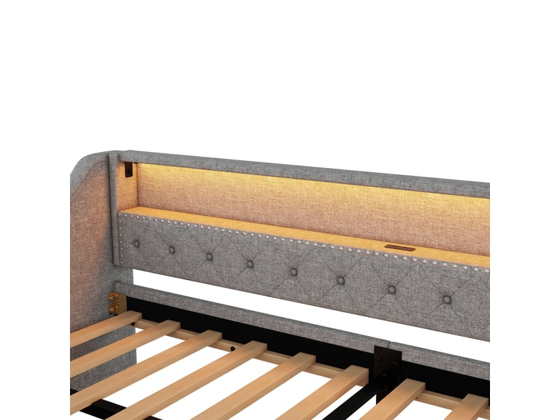  Lit enfant 90x200 cm avec éclairage led télécommandé, 2 tiroirs et prise usb, lin et mdf, gris, sans matelas  - Conforama E