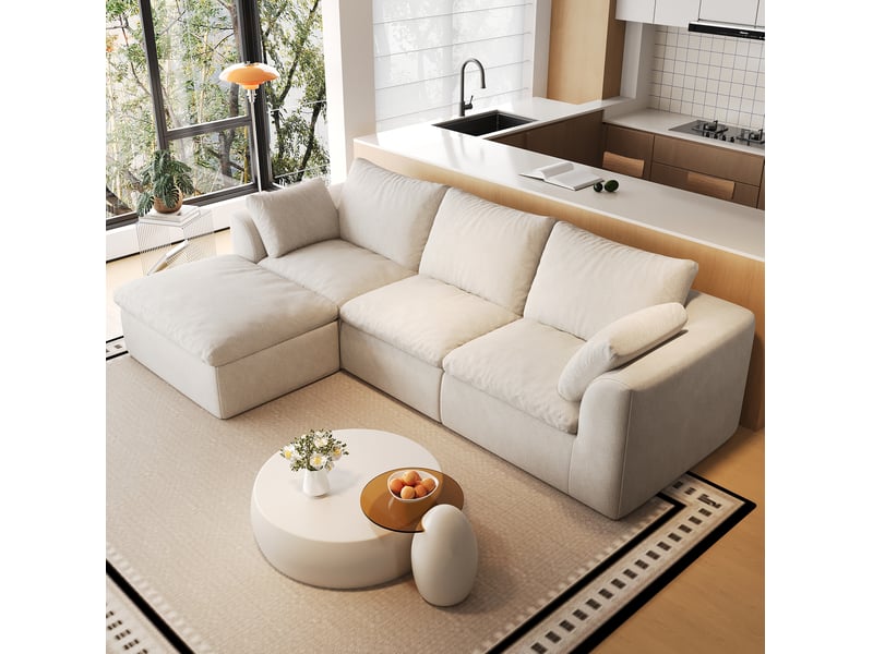  Canapé d’angle 4 places en tissu beige blanc 245x155x83 cm  - Conforama W