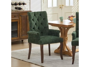 Chaise de salle à manger en chenille vert olive avec accoudoirs, dossier haut capitonné, pieds courbés en bois massif, style classique
