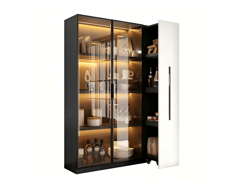  Vitrine 110,5x35x160 cm avec Porte en Verre, Éclairage LED, Tiroir Latéral Coulissant, Meuble Haut de Rangement Moderne - Blanc et Noir Fay Lum - Conforama A