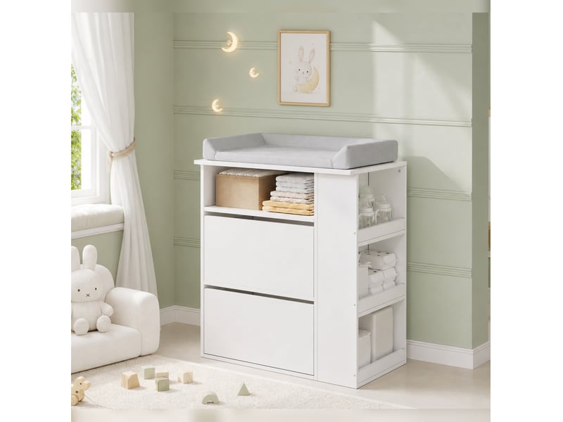  Commode à langer 82x50x100 cm, 2 tiroirs, plan amovible, rangement évolutif, mdf blanc, sans coussin  - Conforama B