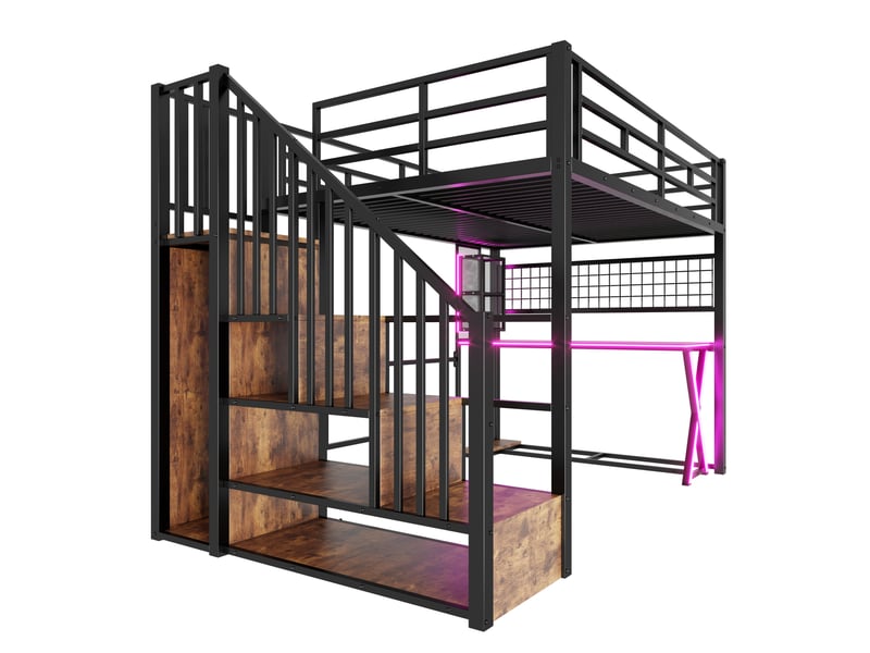 Lit mezzanine 140 x 200 cm avec bureau, armoire, led et escalier avec rangement, lit double en métal noir avec étagères et garde-corps - Conforama E