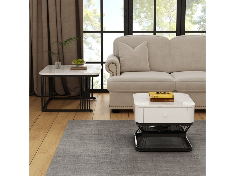  Lot de 2 tables basses gigognes carrées effet marbre brillant avec 1 tiroir, structure métal noir, blanc et noir  - Conforama W