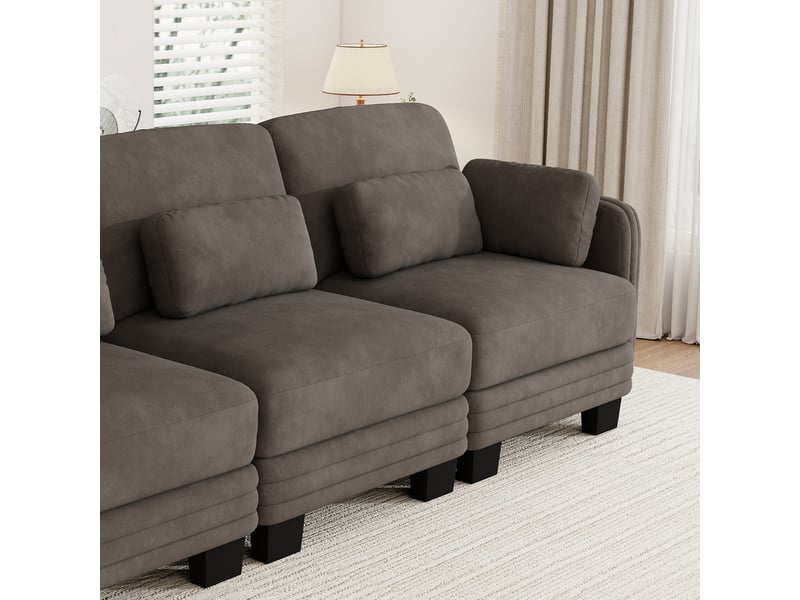  Canapé droit modulable 253 cm 3 places, accoudoirs amovibles, coussins lombaires épais à soutien renforcé, assise à ressorts ensachés, chenille, brun café  - Conforama C