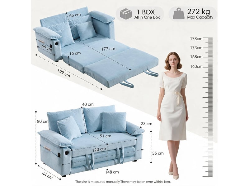  Canapé convertible modenvie 3-en-1 2 places pliable avec poches latérales bleu 135 x 66 x 80 cm  - Conforama C