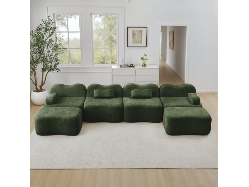 Canapé modulable u 4 places 384x167x70 cm, sans cadre, forme ondoyante, 2 poufs mousse 32d, velours, vert - Conforama B