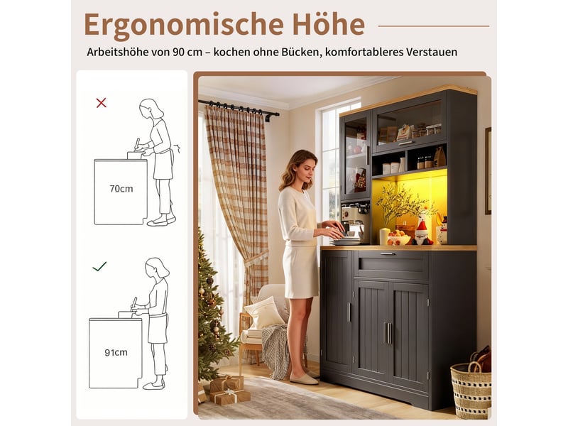  Buffet de cuisine -buffet haut led avec vitrine portes vitrées - rangement cuisine avec tiroir et placards 104x40x180cm -  noir  - Conforama C
