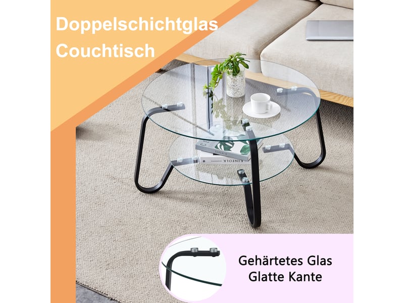  Table basse ronde à deux niveaux en verre trempé - lpospi - structure métallique industrielle, métal - noir  - Conforama E