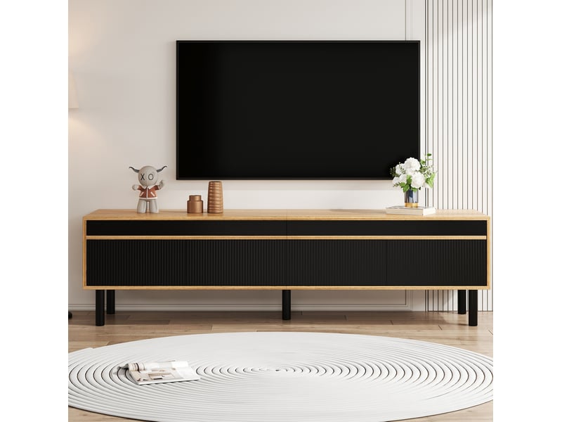  Meuble télévision bas 170x38x47 cm, 4 portes, grand rangement, pieds bois, panneau particules, noir et naturel  - Conforama R