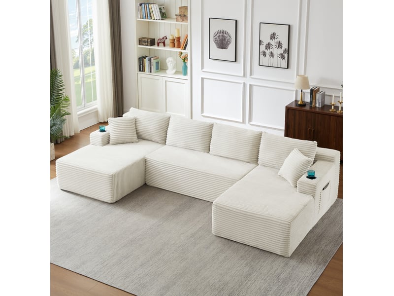  Canapé modulaire en u 339x168x82cm, design minimaliste, sans assemblage, pour salon, revêtement velours côtelé, beige  - Conforama A