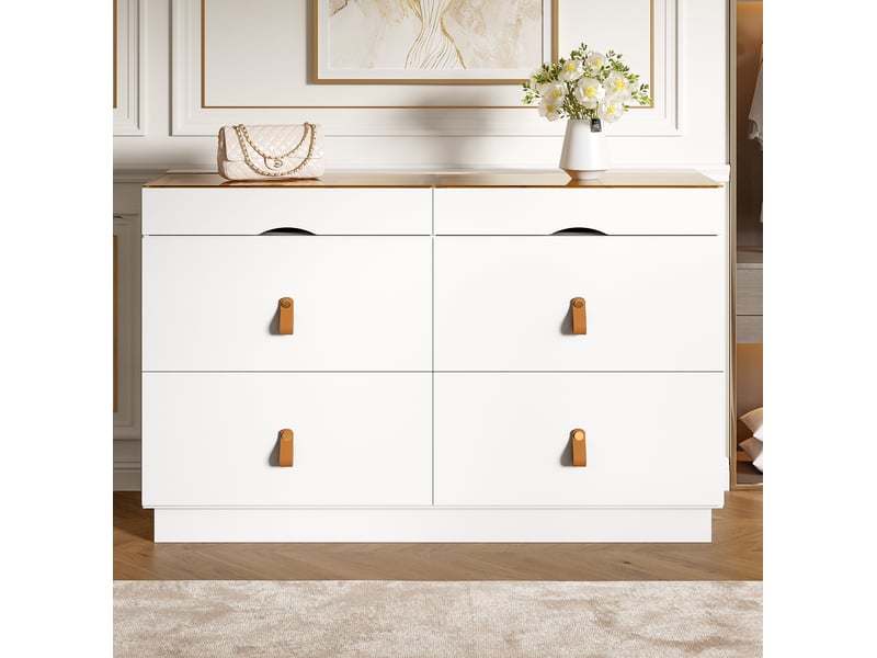  Commode 6 tiroirs 120x40x78 cm – blanc – plateau en verre transparent et rangement compartimenté  - Conforama D