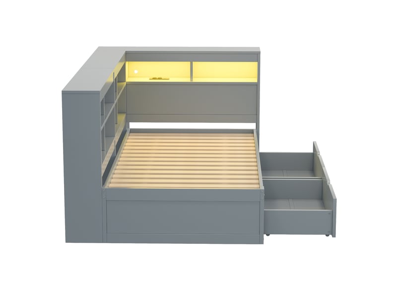  Lit banquette avec rangements, bois massif gris, 90x200 cm, led, usb et prise intégrée  - Conforama A
