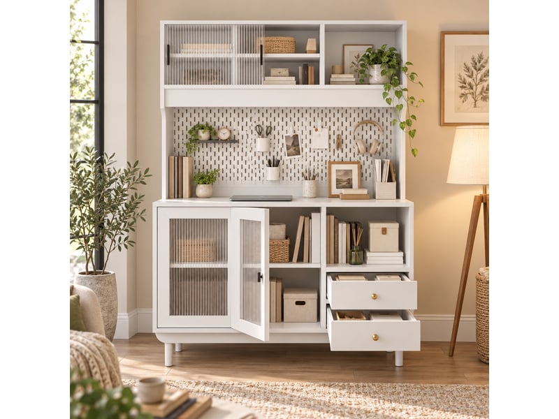 Buffet de cuisine meuble 120x50x170cm, avec portes coulissantes en verre et 2 tiroirs,rangement généreux buffet salon,blanc - Conforama D