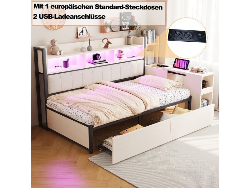  Canapé-lit 90x200 cm avec prise et éclairage led, lit simple avec grand tiroir et bureau coulissant, lit 1 personne, blanc  - Conforama W