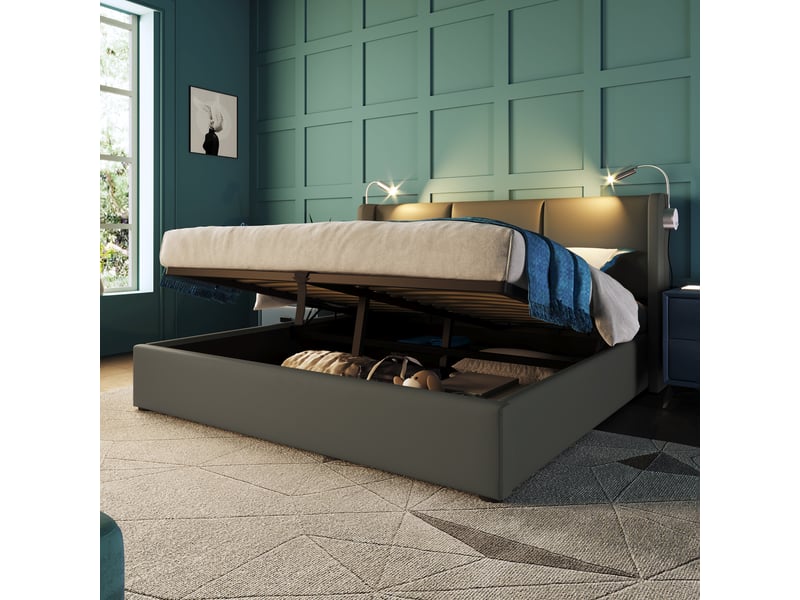  Lit coffre, lit double 160x200 cm, lampe de lecture, sommier à lattes, matelas inclus, pu gris  - Conforama C