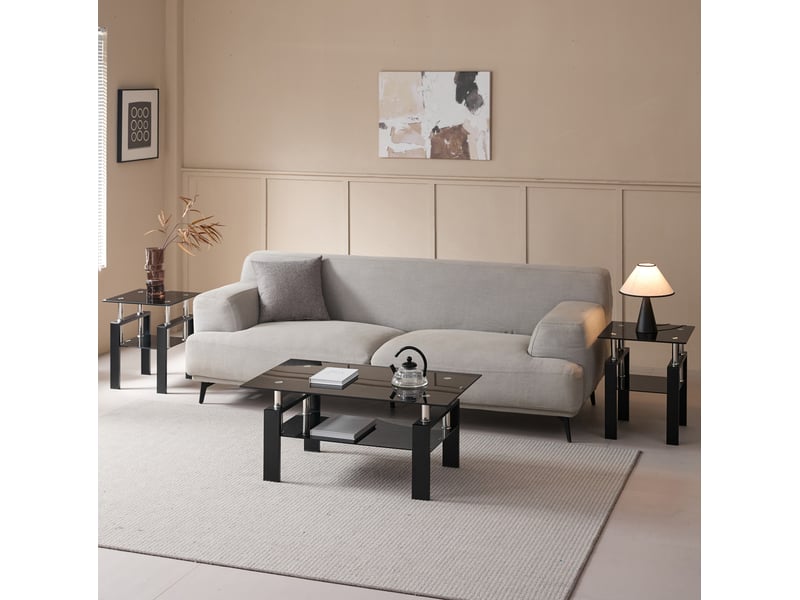  Table basse compacte avec deux plateaux en verre trempé et structure métallique, noire, pour salon, 100 × 60 × 44 cm  - Conforama D