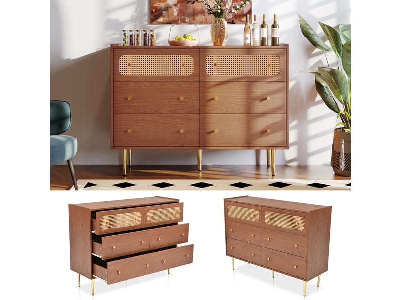  Commode 6 tiroirs en noyer, buffet en rotin style vintage 120x40x90 cm (matelas non inclus)  - Conforama E