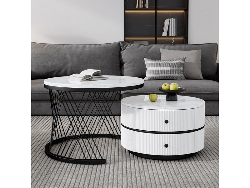  Table basse gigogne effet marbre blanc - lot de 2 tables rondes avec 2 tiroirs  - Conforama C