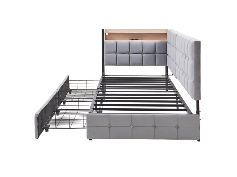 Lit enfant 90 x 200 cm, 2 tiroirs, tête led multicolore, prises usbtype-c, châssis métal, velours gris clair, sans matelas - Conforama D