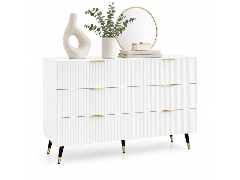  Buffet avec 6 tiroirs, façade ondulée et pieds dorés, style moderne, pour salon ou chambre, 120 x 40 x 77 cm, blanc  - Conforama A