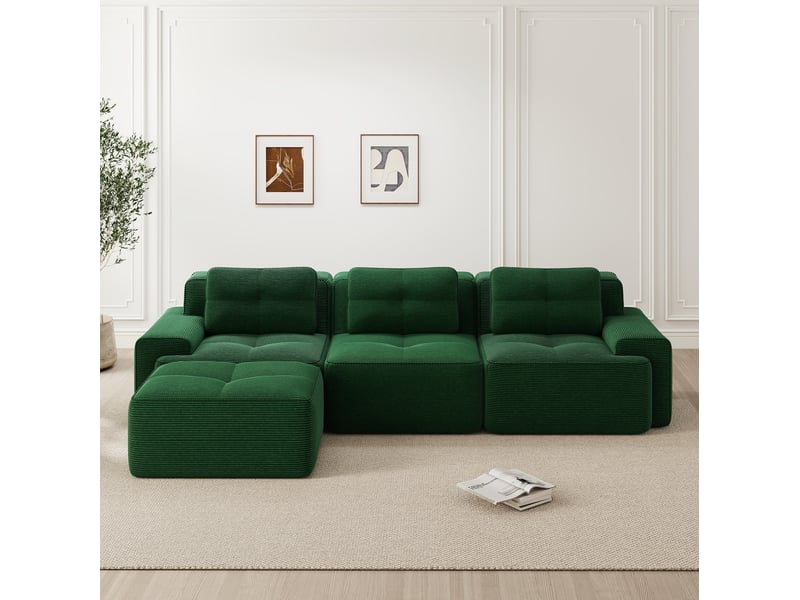  Canapé d'angle ulevr modulable 3 places avec ottoman, velours côtelé vert, 293 x 177 x 69 cm  - Conforama E