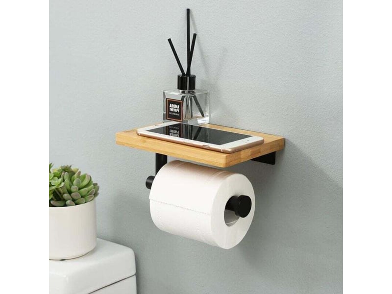 Enowelir porte papier toilette support mural en acier inoxydable avec etagère en bambou version sans perçage noir mat - Conforama D