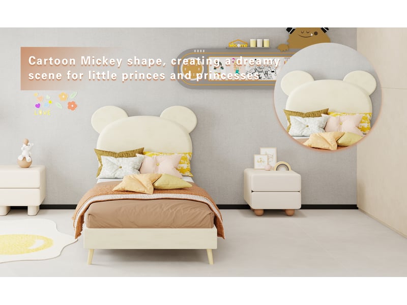  Lit enfant 90 × 200 cm 1 place avec rangement pneumatique, sans matelas, en tissu beige, tête de lit ludique  - Conforama E