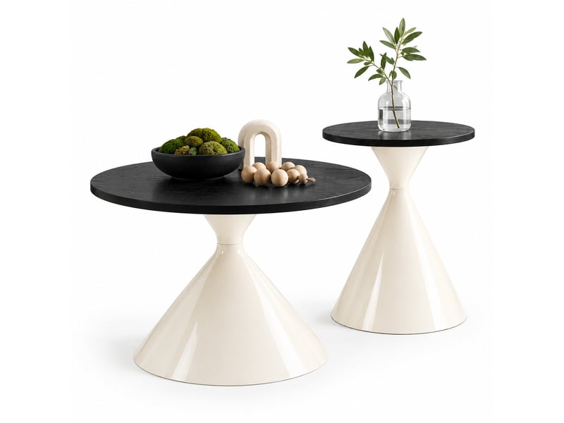 Set de 2 tables basses et d’appoint rondes ø70x40 et ø50x55 cm, métal blanc et noir - Conforama A
