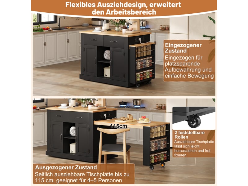  Îlot de cuisine 132235 × 60 × 93 cm en mdf, table repas coulissante, 7 roulettes, étagères réglables et rangements intégrés  - Conforama D