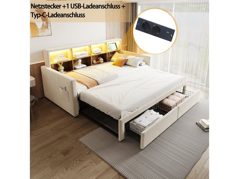 Lit canapé extensible velours beige 90/180x190 cm avec 2 tiroirs, led et usb  - Conforama D