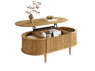 Table basse ovale relevable 100x48x54,5 cm, design vague, rangement, table de salon, style moderne, en mdf, chêne
