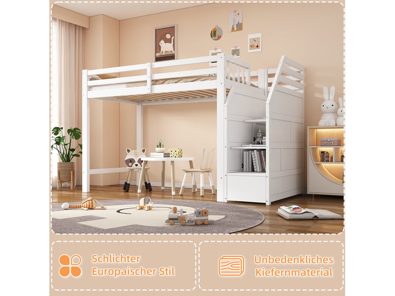  Lit mezzanine enfant 90x200 cm avec escalier de rangement blanc  - Conforama D