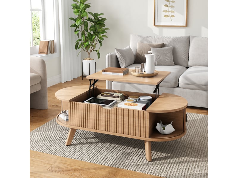  Table basse ovale avec plateau relevable, 110x50 cm, espace de rangement caché et 2 portes coulissantes, couleur naturelle  - Conforama B