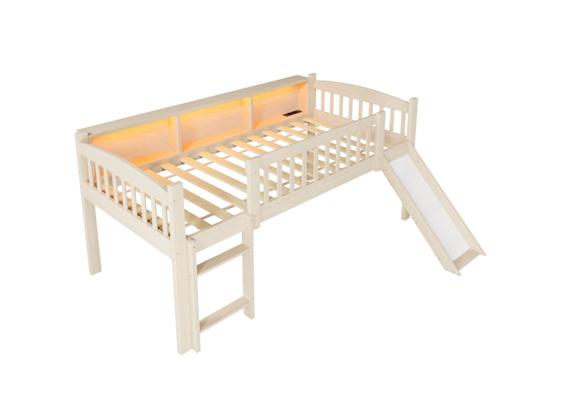  Lit enfant surélevé 90x200 cm avec toboggan, rangements, led et usb, coloris naturel, sans matelas  - Conforama D