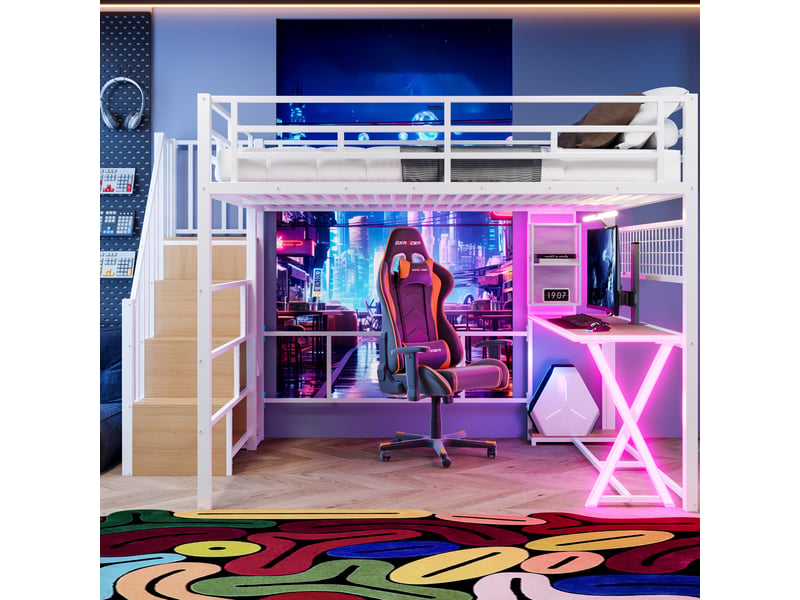  Lit mezzanine modenvie 160 x 200 cm avec bureau, armoire, échelle avec rangement, étagères et éclairage d’ambiance télécommandé blanc  - Conforama E