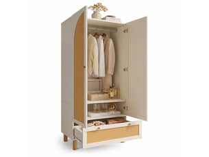 Armoire avec 2 portes en rotin, tiroir, étagères réglables et penderie pour chambre en bois 85,5×52×180,5 cm blanc