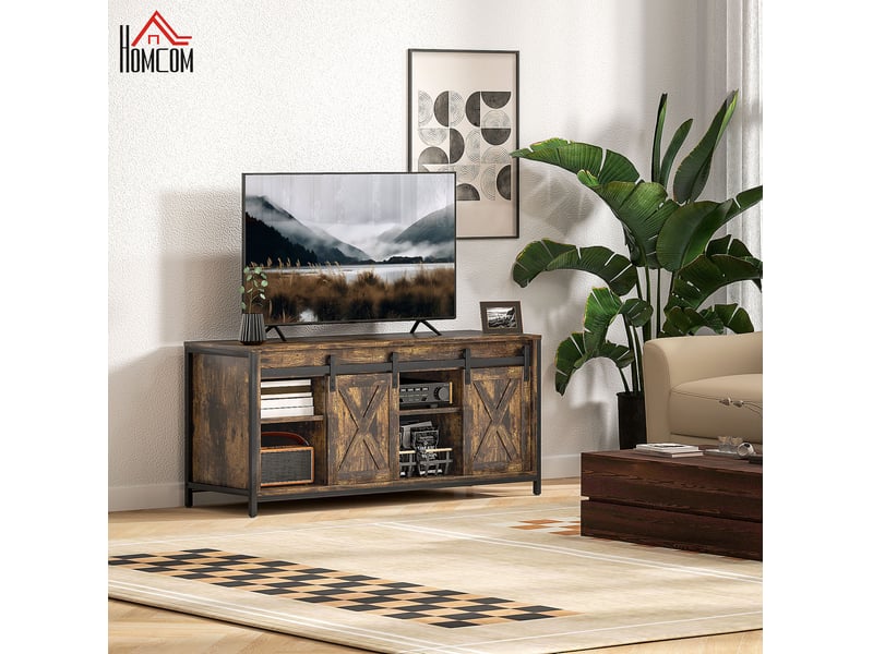  Meuble tv ulevr style industriel avec 2 portes coulissantes, 6 compartiments, pour téléviseur jusqu’à 60 pouces, 120 x 40 x 54 cm, marron  - Conforama E