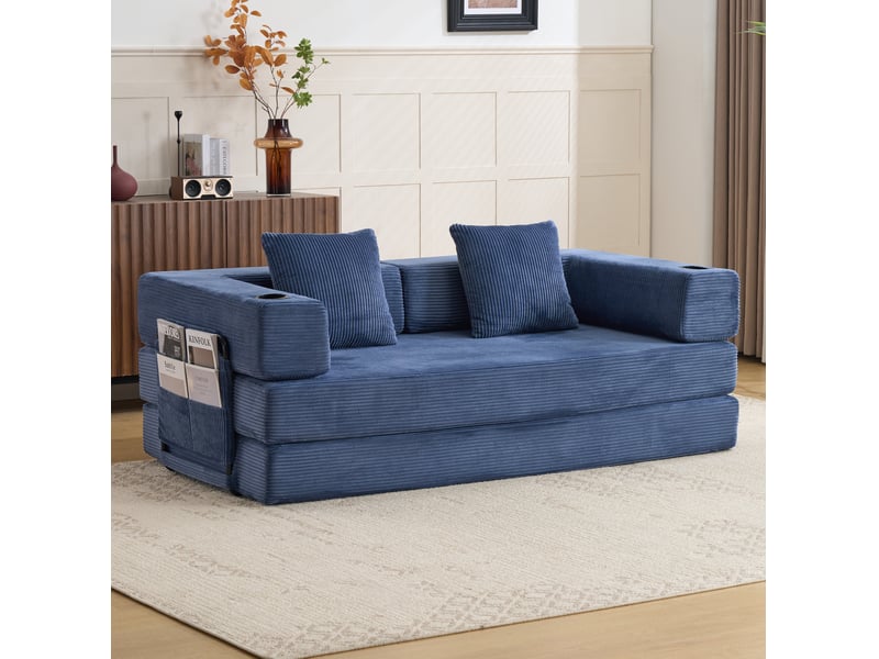 Canapé de sol convertible 185x92,5x60 cm 2 places pliable en velours côtelé bleu foncé - Conforama A